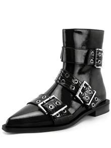 Women's Pointed Toe Punk Ankle Boots, Leather Flat With Multiple Buckles & Zipper, Edgy Style For Christmas Or Party​ - 黑色 - 查看 3