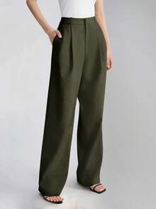 Women's High Waist Side Pocket Wide Leg Suit Pants, Spring/Autumn - Army Green - View 1