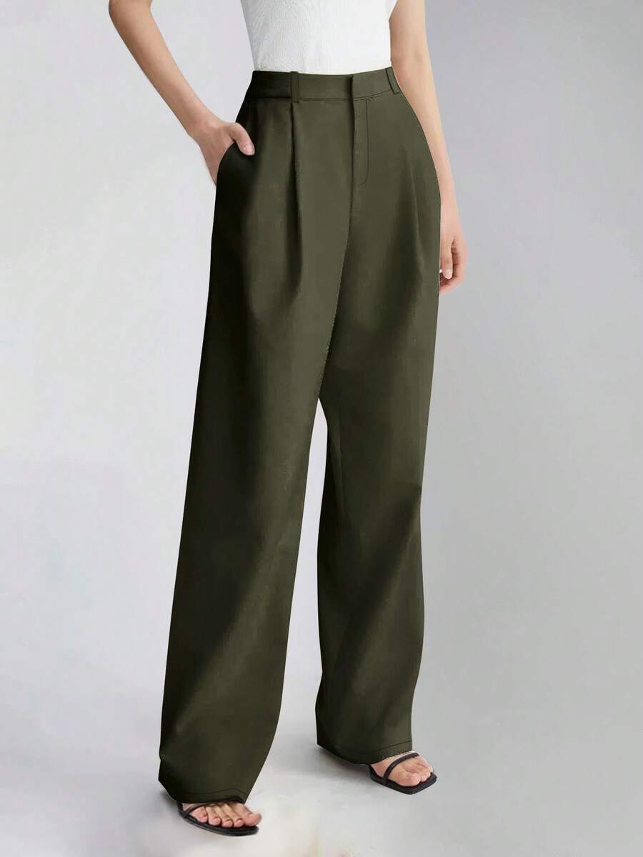 Women's High Waist Side Pocket Wide Leg Suit Pants, Spring/Autumn - Army Green - View 1