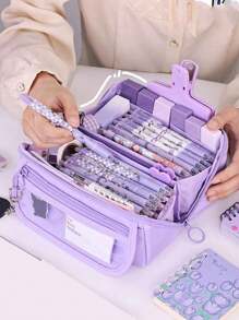 1pc New Creative Large Capacity Pencil Case, Multi-Functional Desktop Stationery Storage Box, Transparent Front Pocket, Suitable For Boys And Girls For Study And Work, Portable Pencil Bag, Great Gift, Back To School Supplies, Study Essential, Backpack, School Supplies