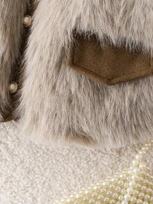 1pc Girls Fashionable Faux Pocket Single-Breasted Vest Thick Fuzzy Cardigan