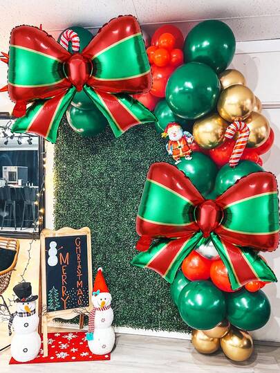 2pcs Christmas Bow Balloons, Red, Green, Gold Elegant Bow Shaped Party Decorations, Suitable For Christmas, Wedding, Birthday Party, Christmas Balloon Decor, Bow Theme, Party Events, Holiday Celebrations, Home Decor