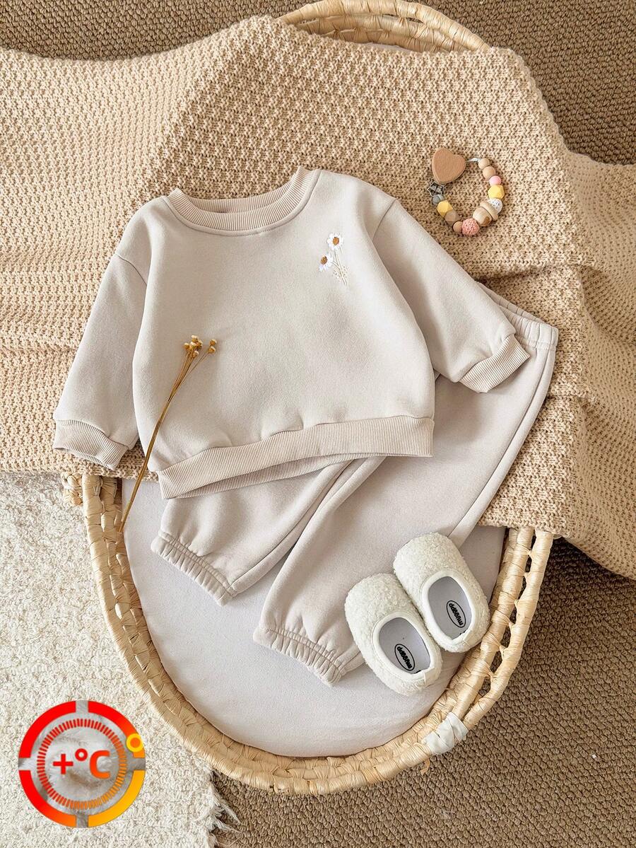 2pcs/Set Baju Bayi Laki-laki Kasual Lengan Panjang Kerah Bulat Bahan Fleece dengan Bordir Bunga, Musim Gugur/Musim Dingin