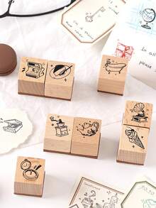 8pcs/Box Vintage Design Wood Stamps, Exquisite Wooden Stamp Set With Clear Pattern Engraving,For Scrapbook And DIY Handbook Decorative Stamps, Gift For Friends - Single Piece - View 8