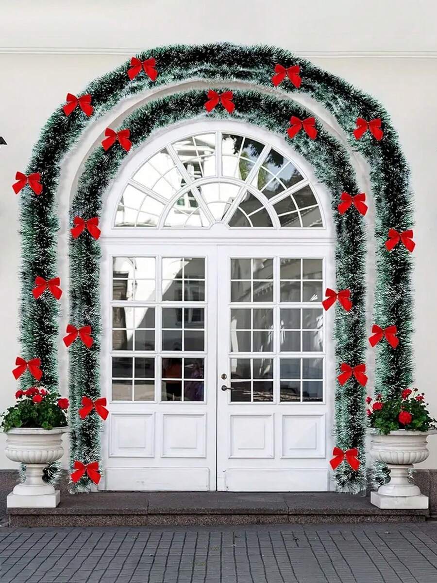 2m Ghirlanda natalizia con 12 fiocchi, ghirlanda artificiale per camino, mensola, scale, decorazione interna/esterna, senza elettricità o piume, realizzata in materiale plastico, adatta per la decorazione della scena della festa di Natale a casa