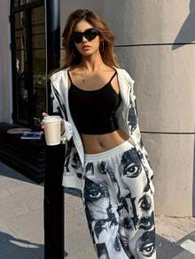 女士套装、女士长裤套装、女士时尚连帽衫套装、印花连帽衫套装、时尚帽子和连帽衫套装 - 彩色 - 查看 3