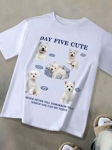 休闲标语动物印花宽松白色圆领短袖T恤，西高地白梗印花女式T恤，适合夏季返校季、日常休闲穿着，大码女式短袖上衣，女士T恤，大码上衣，弧形下摆T恤 - 白色 - 查看 2