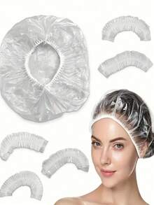 50/100/200 piezas Gorros de ducha de plástico transparente y grueso, de alta calidad, adecuados para mujeres, hoteles, viajes, cuidado profundo del cabello, accesorios de limpieza del cabello