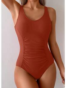 Tummy Control One Piece Swimsuit With Ruched Design - 紅棕色 - 查看 2