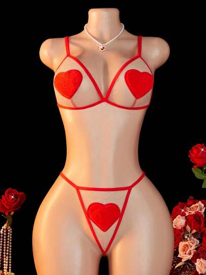 2 Pcs Women's Sexy Lingerie Set Adjustable Straps Triangle Cup Single Row Hook-And-Eye Bra & Back Metal Chain Connection Thong Heart-Shaped Suede Pattern Comfortable Sexy Underwear Erotic Lingerie Set