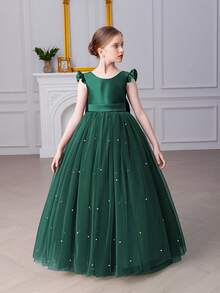 Tween Girl Green Tulle Handmade Beaded Bow Party Dress, Elegant Princess Dress Suitable For Girls Birthday Party, Banquet, Prom, Flower Girl, Wedding, Holiday Celebration - Dark Green - View 2