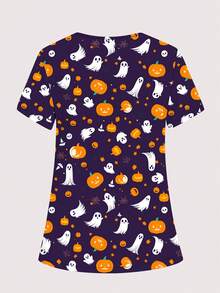 cimmuovere Women's Halloween Print V-Neck Multi-Pocket Scrubs Nurse Scrubs Workwear Dentist Healthcare Pet Hospital Laboratory Uniform Top - Purple - View 2