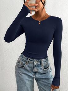 PRETTYGARDEN Women Spring And Fall Long Sleeve Shirts Clothes Cute Going Out Tops Ribbed Tight Fitted Plain Basic Tee Tshirts Vacation Outfits For Women - 海軍藍色 - 查看 1