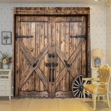 2 Pieces Of Rustic Barn Door Curtains For Home Decoration, 3D Wooden Gate Privacy Protection Sunshade Curtains, Easy To Install With Rod Design, Suitable For Living Room, Bedroom, Farmhouse, Study, Holiday Activity Scene Decoration, Suitable For All Seasons, Country Style Lover Gift,Halloween Decorations - 彩色 - 查看 1