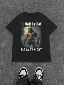 Funny Day Human Night Sigma Alpha Wolf And Woman Design T-Shirt, Women Crew Neck Short Sleeve Tee - 黑色 - 查看 5