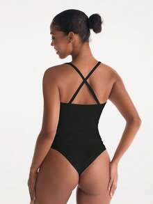 XLLAIS 女士简约纯色交叉露背弹力运动健身吊带背心，时尚细肩带黑色衬衫 - 黑色 - 查看 4