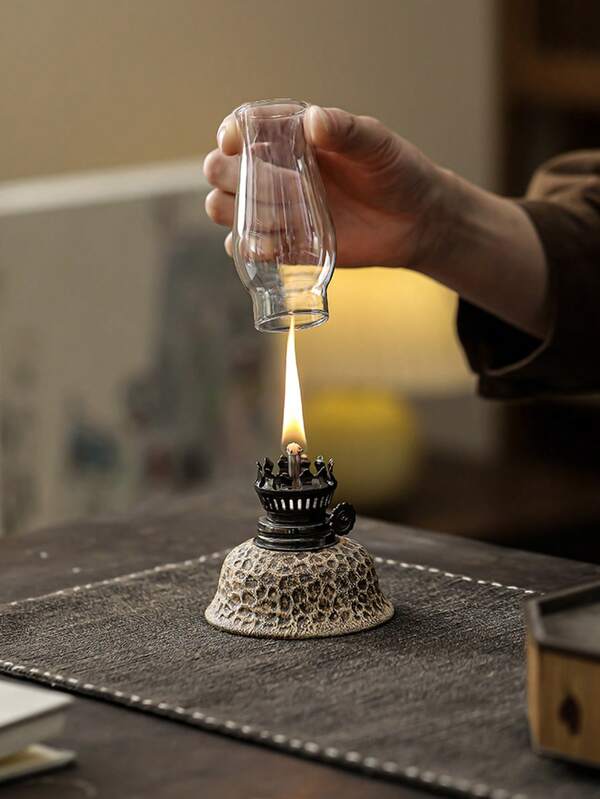 1 قطعة مصباح كيروسين خزفي يدوي الصنع، مصباح زيت هش، شمعة لجو طقوس الشاي، إضاءة قديمة قابلة للتعديل (باستثناء زيت المصباح)