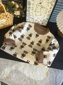 1pc Kids' Thick Crew Neck Long Sleeve Sweater, Cute Bear Pattern, Unisex For Boys & Girls, Autumn/Winter - Beige - View 3