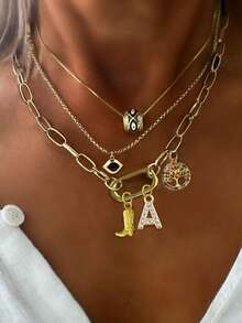 STYLEVER 1 PC Gold A-Z 26 Letter Necklace, Colorful Diamond Tree Of Life Pendant, Personalized Boot Pendant Chain, Stainless Steel Chain, Suitable For Women's Daily Wear - Yellow Gold - View 2