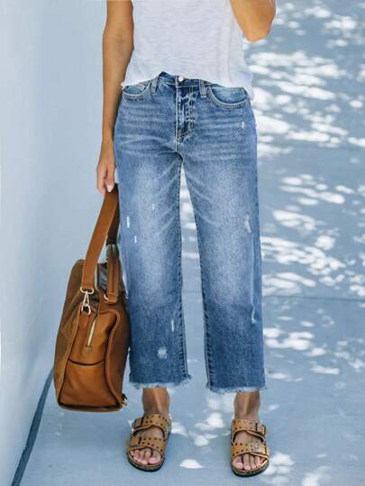 Comfortable Loose Fit Stretchy Distressed Frayed Hem Straight Leg Jeans, Women Street Style Washed Blue Denim Pants