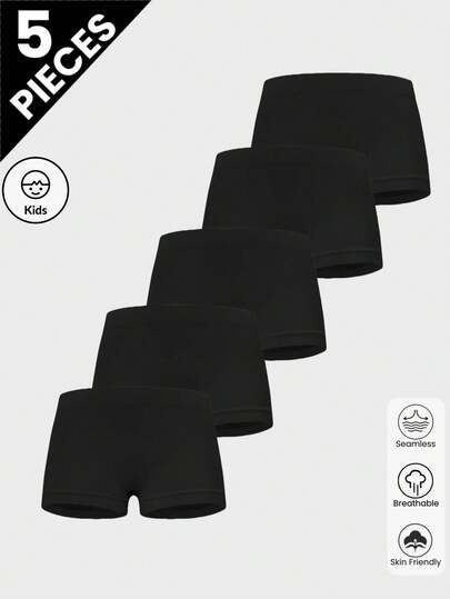 5pcs/Set Boys' Black Minimalist Elastic Waist Casual Sports Shorts, Seamless Soft Comfortable Basic Boxer Briefs