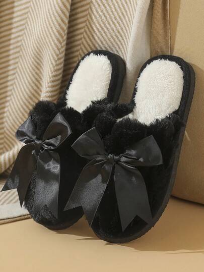 Autumn/Winter Bowknot Closed Toe Slippers For Women, Lightweight Non-Slip Fluffy Indoor/Outdoor Casual Slippers