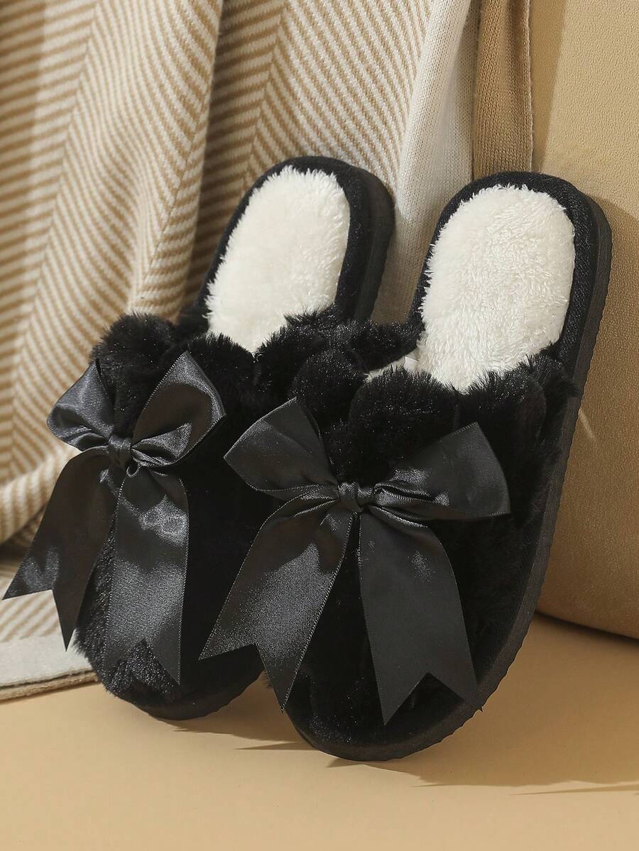 Pantufas femininas de outono/inverno com laço de fita, leves e macias, para uso casual em ambientes internos e externos, ideais para o quarto ou para casa.