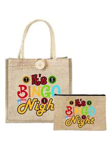 2pcs/Set "Bingo" Letter Print Handbag Set, Bingo Women's Handbag And Wallet Set, Including A Handbag And A Coin Purse, Large-Capacity Women's Bag, Lightweight Large-Capacity Handbag, Reusable Burlap Shopping Bag, Fabric Structure,Gifts For Women,Christmas Gifts,Gift Ideas For Women