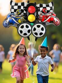 7 件摩托车主题气球套装，包括 3D 红色摩托车、蓝色摩托车、赛车旗、轮胎和红绿交通灯铝箔气球，适用于生日派对装饰、体育赛事、生日庆祝、赛车主题庆祝和毕业装饰 - 彩色 - 查看 7