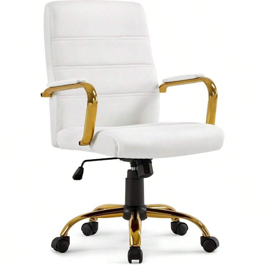 Office Desk Chair MidBack Adjable PU Leather Executive Chair W Gold Ame White Seat - Vàng trắng - Xem 1