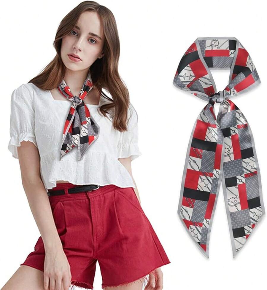 59 Silk Like Scarf Women's Fashion Square Neck Satin Scarfs Bag Hair Scarves 59 * 5.9" - Fs011-đen-đỏ-xám-ca rô - Xem 1