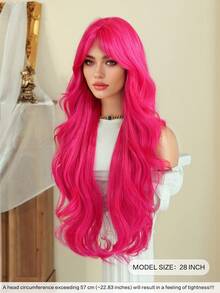 7JHH WIGS Gorgeous 28-Inch Extra Long Wavy Hot Pink Wig For Women, Fluffy Wave Curly Wigs With Curtain Bangs, Synthetic Fiber Hair Full Machine Fluorescent Pink Wigs For Daily & Music Festival Party Wear, Halloween Cosplay Costume Use All-Match Fashion Accessories - 粉色 - 查看 5