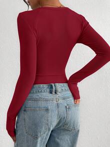 PRETTYGARDEN Women Spring And Fall Long Sleeve Shirts Clothes Cute Going Out Tops Ribbed Tight Fitted Plain Basic Tee Tshirts Vacation Outfits For Women - 紅色 - 查看 2