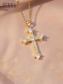 Hihho 1pc Vintage Punk Cross Necklace With Zirconia Stone, Fashionable European And American Style Pendant Necklace, Suitable For Girls Everyday Wear - Gold - View 14