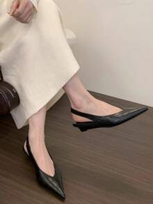 Giày sandal đế bệt hở lưng mũi nhọn thanh lịch kiểu Pháp mùa xuân 2025 dành cho nữ, giày cao gót mèo con - màu đen - Xem 2