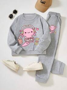 2pcs Set, Young Girl Cartoon Print Crew Neck Sweatshirt And Cuffed Pants, Casual, Autumn,Daily Wear,Back To School Outfits - Grey - View 2
