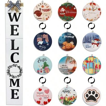 Welcome Sign For Front Porch 47inchWooden Interchangeable Vertical Home Wall Decor Standing And Hanging Farmhouse Outdoor Indoor Decor Welcome Door Sign For Fall Harvest Halloween Christmas