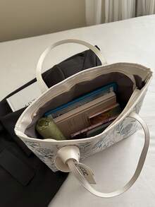 时尚复古花卉刺绣大容量字母围巾装饰便携式手提包，涤纶材质单隔层手提包，适合女性购物、通勤、旅行和日常使用 - 彩色 - 查看 7