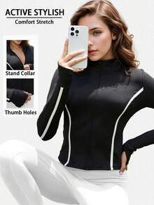 Chaqueta deportiva de yoga ajustada con cuello alto y ribetes de contraste para mujer, chaqueta de manga larga con cremallera completa y ojales para el pulgar, perfecta para fitness, entrenamiento y uso diario casual.