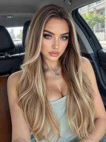 26 Inch Long Straight Hairline U-Part Lace Front Synthetic Wig For Women Brown Mixed Blonde Natural Middle Part Wig Blonde Highlight Wigs - Brown Highlight - View 2