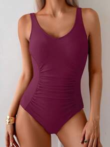Traje de baño de una pieza con diseño fruncido y control de abdomen - Burdeos - Ver 3