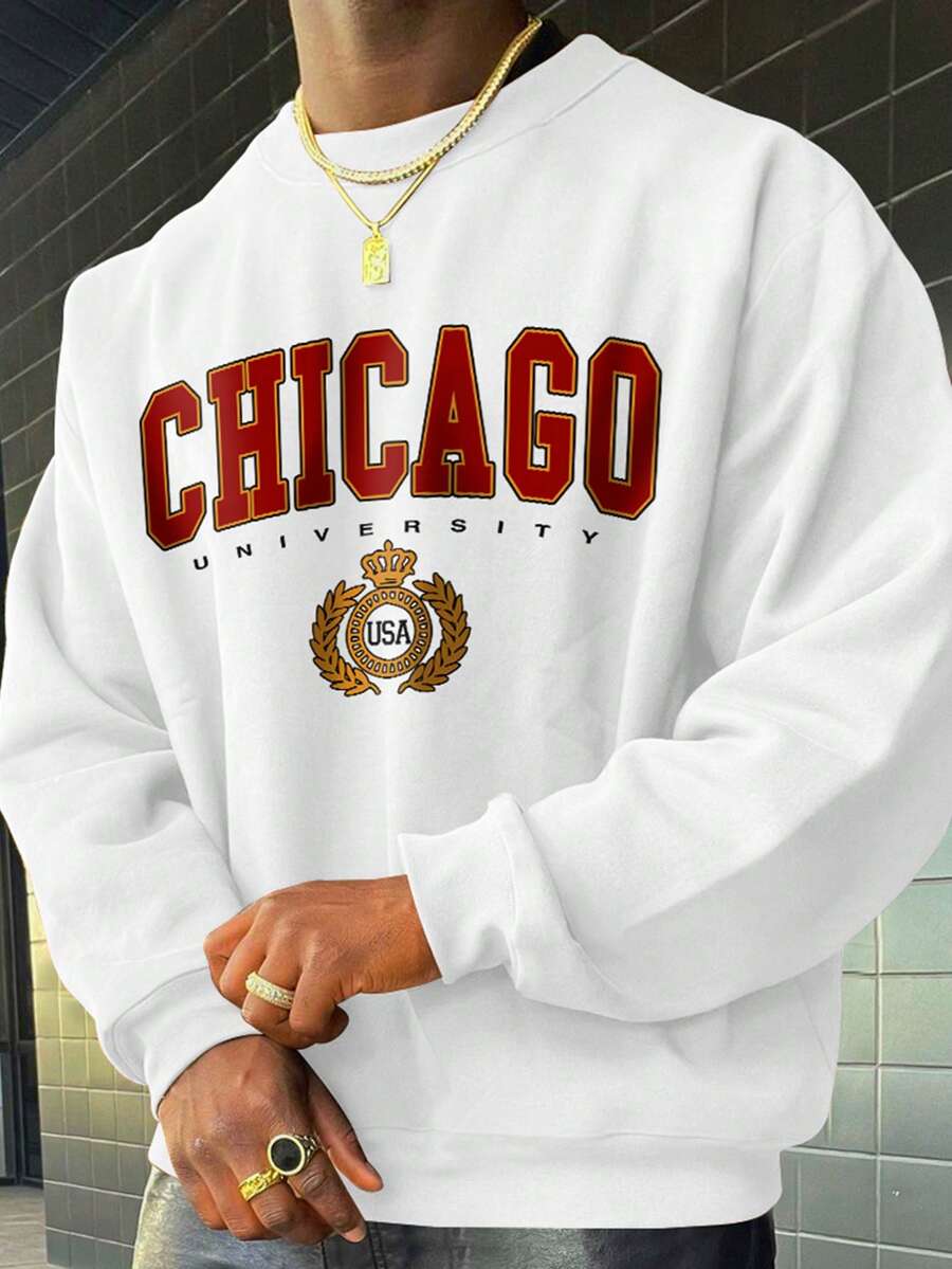 Men's Letter Print Round Neck Long Sleeve Slim Fit Lightweight Casual Sweatshirt, Spring/Autumn - White - View 1