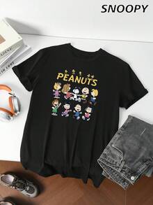 SNOOPY ملابس رجالية قصيرة الأكمام بطبعات كرتونية لشخصية سنوبي وأصدقائه من عائلة بينوتس، تصميم فضفاض مناسب للبيت والخروج، يقلل من العمر الظاهري - الأسود - مشاهدة 1
