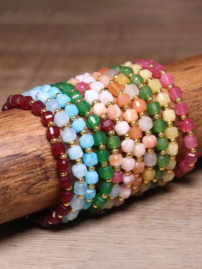 gxtbw Elegant Natural Semi-Precious Beaded Bracelet, Bohemian Style Candy Gemstone Bracelet, Stones Include Aquamarine, Agate, Healing Crystals, Stainless Steel Gold-Plated Chain With Golden Beads, Ideal Gift For Wife, Daughter And Mother