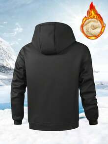1 pièce Veste à capuche décontractée pour homme en polyester, à manches longues, avec peu d'élasticité, ourlet ouvert, fermeture à glissière, style régulier, manteau d'automne et d'hiver, version épaisse - Noir - Voir 6