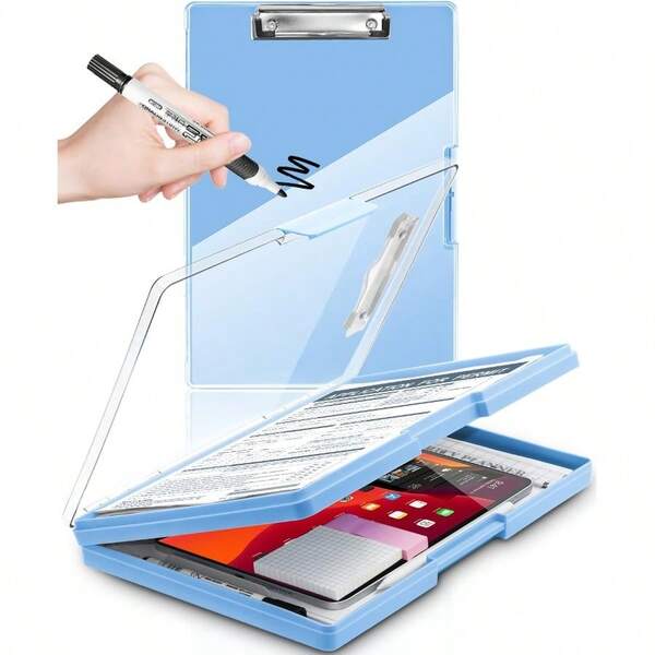 S-Clearview Clipboard With 2 Storage Dry Erase 8.5x11 Heavy Duty ClipBoards High Capacity Coaches Clip Board With Pen Holder Side Opening Plastic Nursing Clip Case Aqua Blue