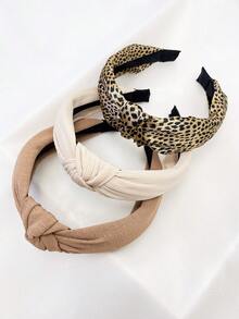 3pcs/Set Women Khaki Leopard Print & Solid Color Fabric Headbands, Versatile Outdoor Headwear Accessories For Daily Use, Hairband For Women, Home Beauty Women Accessory Gifts, Hair Hoop
