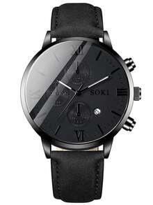 1 reloj de hombre, con función de calendario, esfera redonda de moda con movimiento de cuarzo, correa de PU, adecuado para uso diario, regalo de cumpleaños, fiesta, reunión festiva, regalo ideal para ti o tus amigos. No incluye caja de embalaje. - Negro - Ver 7