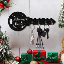 1pc Christmas Decorations Hanging Rustic Wood Keychain, Welcome Home Key Hook Decoration, Wall Mounted Storage Hook For Keys, Keychains And More - Perfect For Entryway, Kitchen, Office, Key Holder, Christmas Party Decoration And Storage Home Decor Room Decor