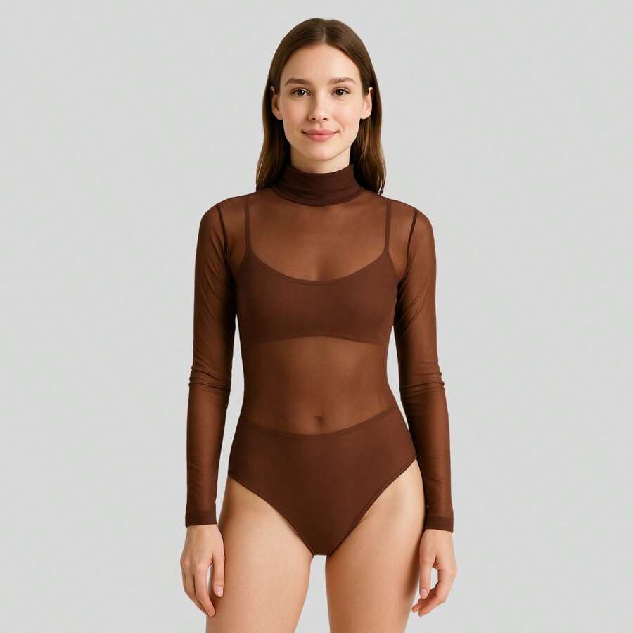 Women's Transparent Tulle Bodysuit – Long Sleeve, Mid-Length, Night Club Look - Rỉ Nâu - Xem 1